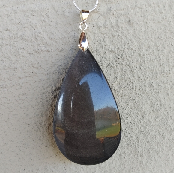Large Black Obsidion Gemstone Pendant (2.5") -  w/ 925 Silver Overlay Chain - Picture 7 of 14